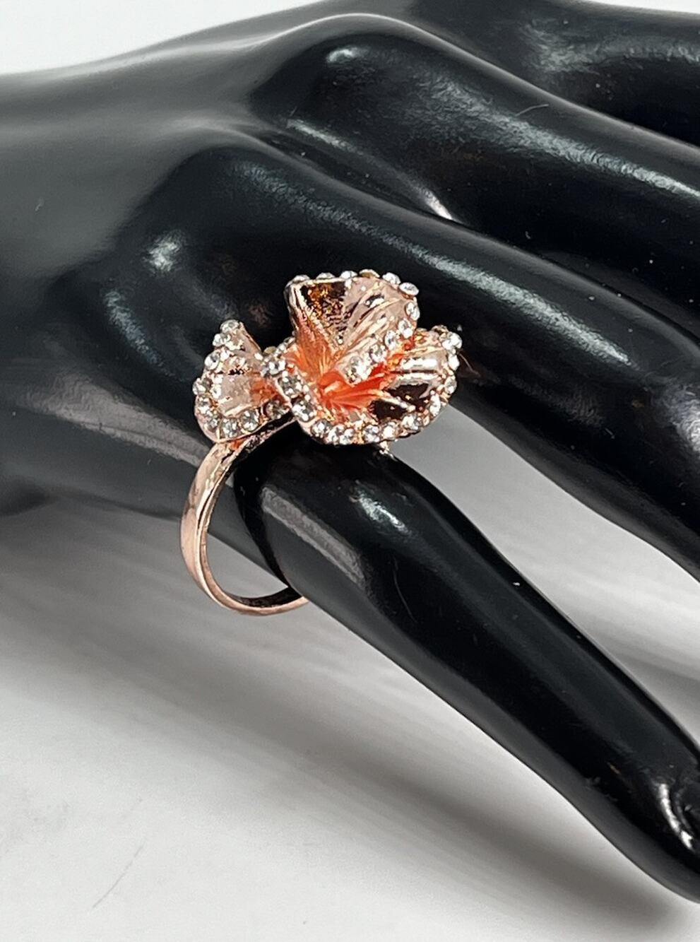 Rose Gold Tone Floral Ruffle Encrusted Rhinestones Cocktail Ring Size 5.75